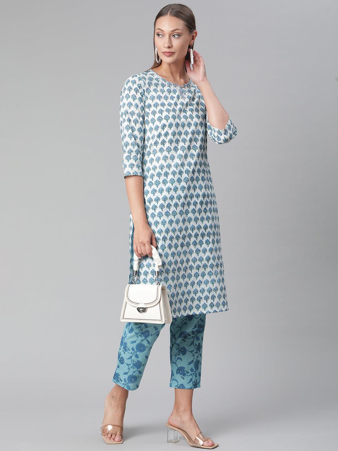 Divena White Cotton Kurta Pant set - divena world