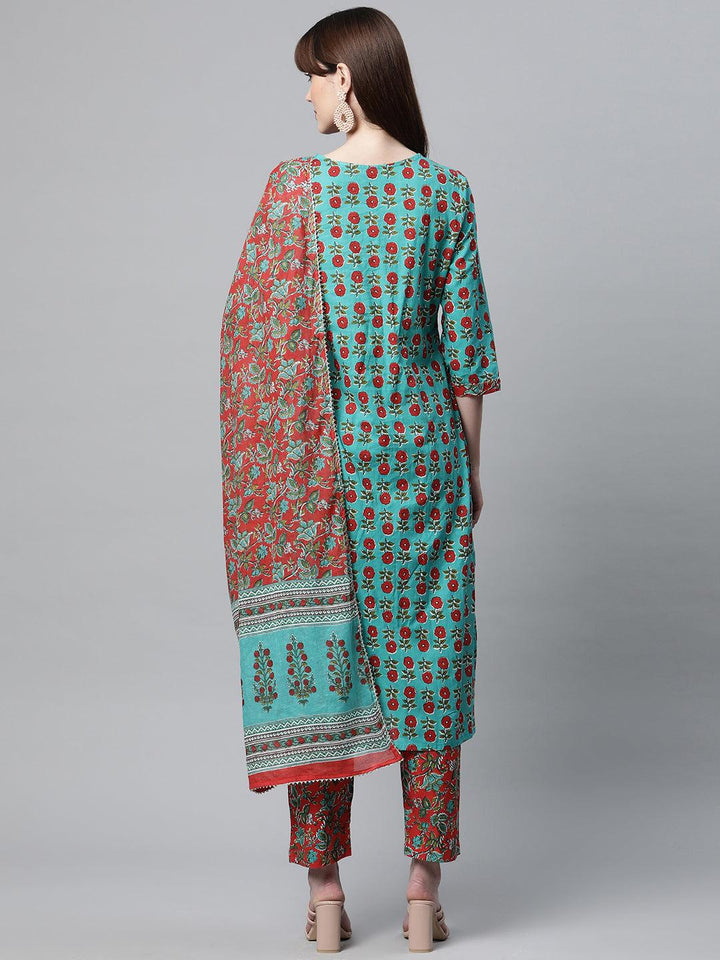 Divena Rama Green Cotton Straight Kurta Pant Set with Dupatta - divena world