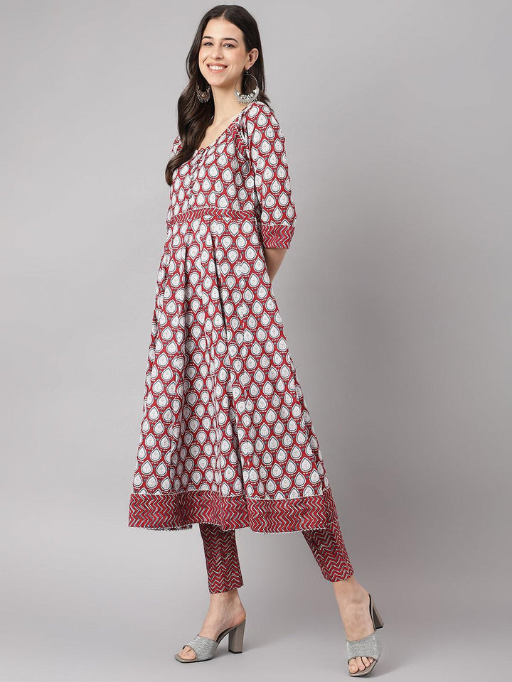 Divena Maroon Cotton Anakali Kurta pant set with Dupatta - divena world