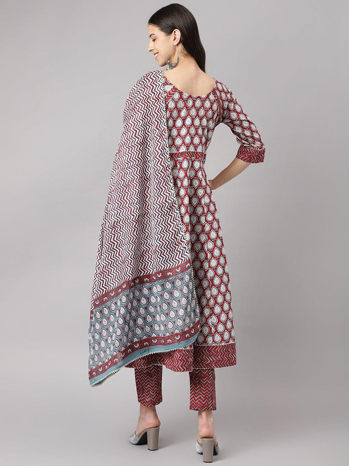 Divena Maroon Cotton Anakali Kurta pant set with Dupatta - divena world