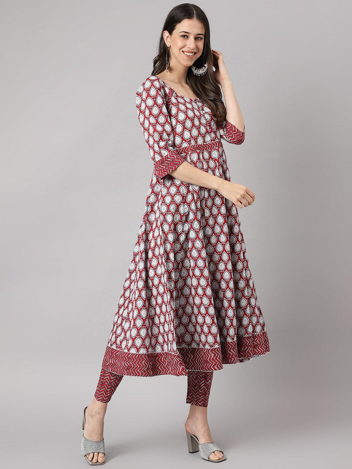 Divena Maroon Cotton Anakali Kurta pant set with Dupatta - divena world