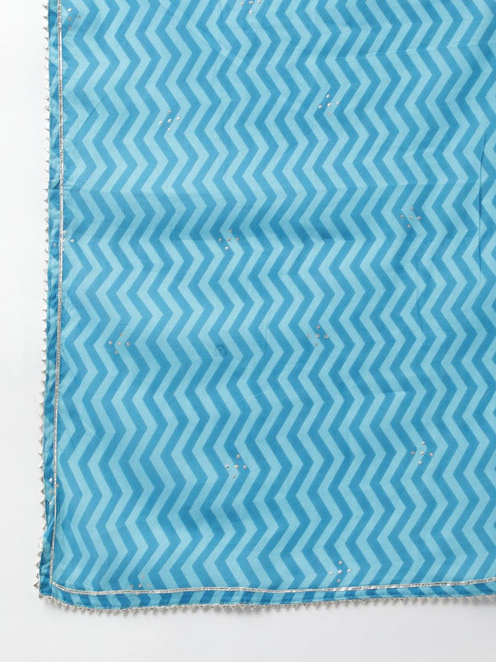 Divena Turquoise Blue Floral Cotton Anarkali Kurta Pant Set with Dupatta - divena world