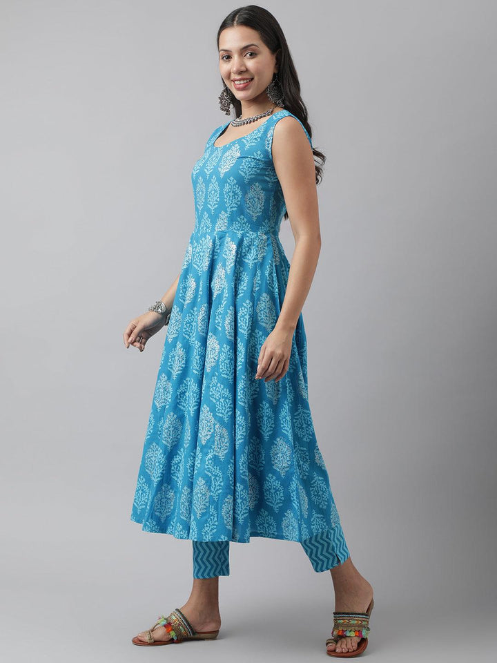 Divena Turquoise Blue Floral Cotton Anarkali Kurta Pant Set with Dupatta - divena world