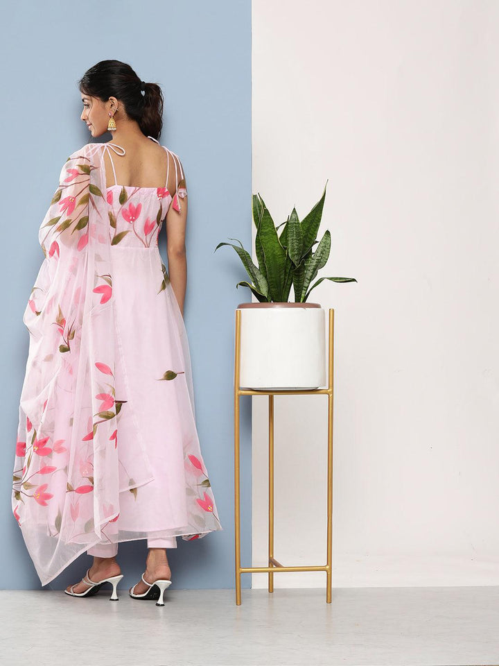 Divena Pink Hand Painted Floral Organza Anarkali Kurta Pant Set with Dupatta - divena world