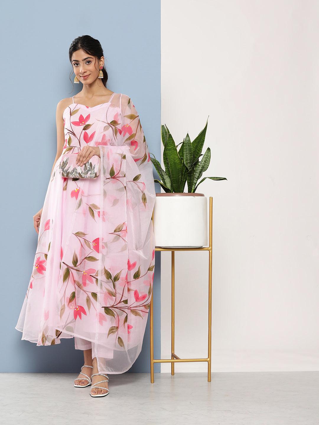 Divena Pink Hand Painted Floral Organza Anarkali Kurta Pant Set with Dupatta - divena world