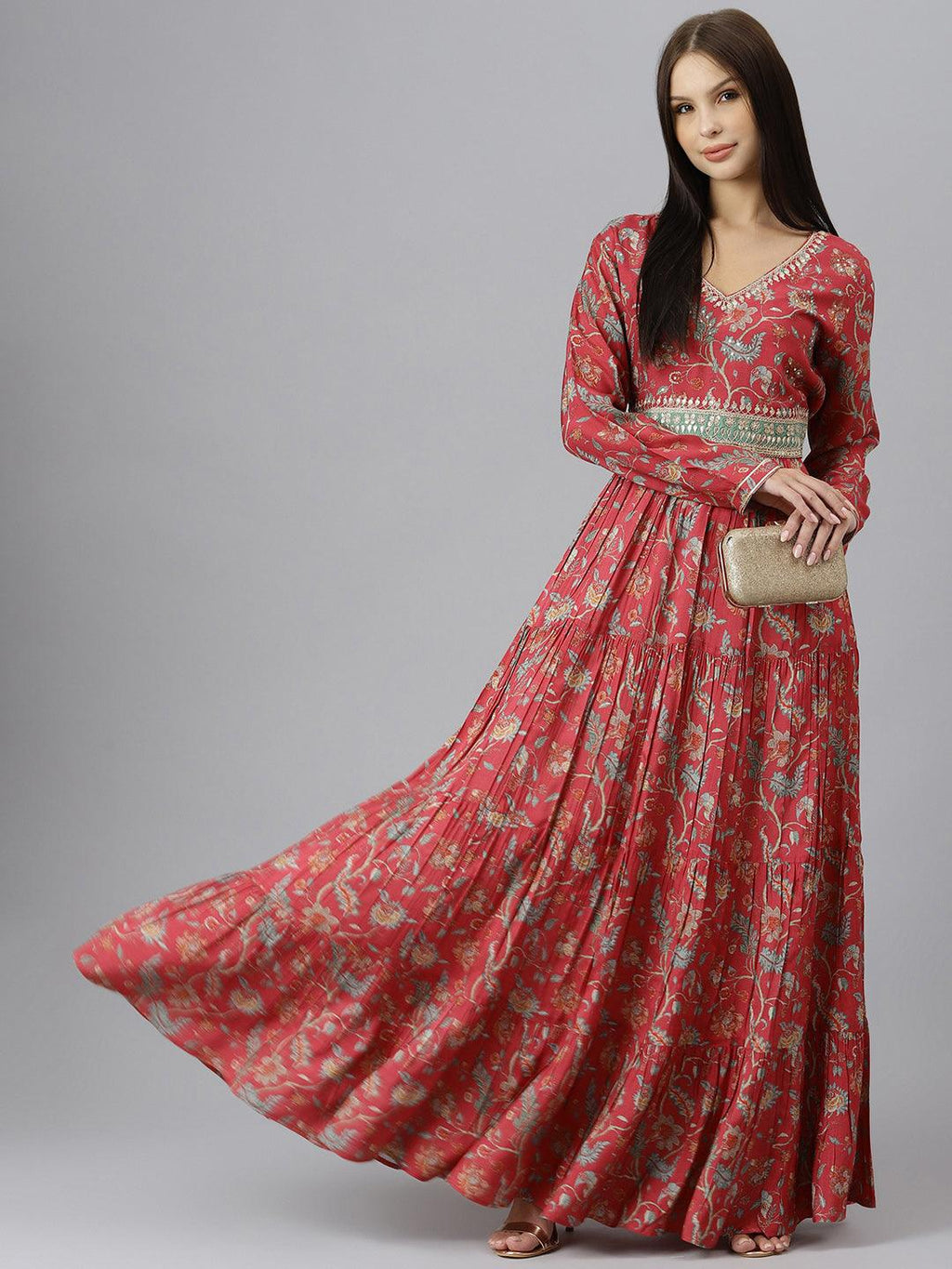 Divena Maroon Floral Printed Muslin Flared Gown Divena World