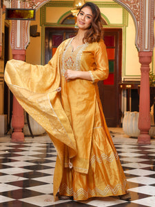 Divena Yellow Gold Embroidered Chenderi Kurta Sharara Set with Dupatta