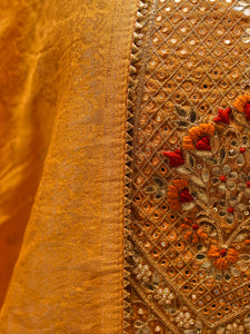 Divena Yellow Gold Embroidered Chenderi Kurta Sharara Set with Dupatta
