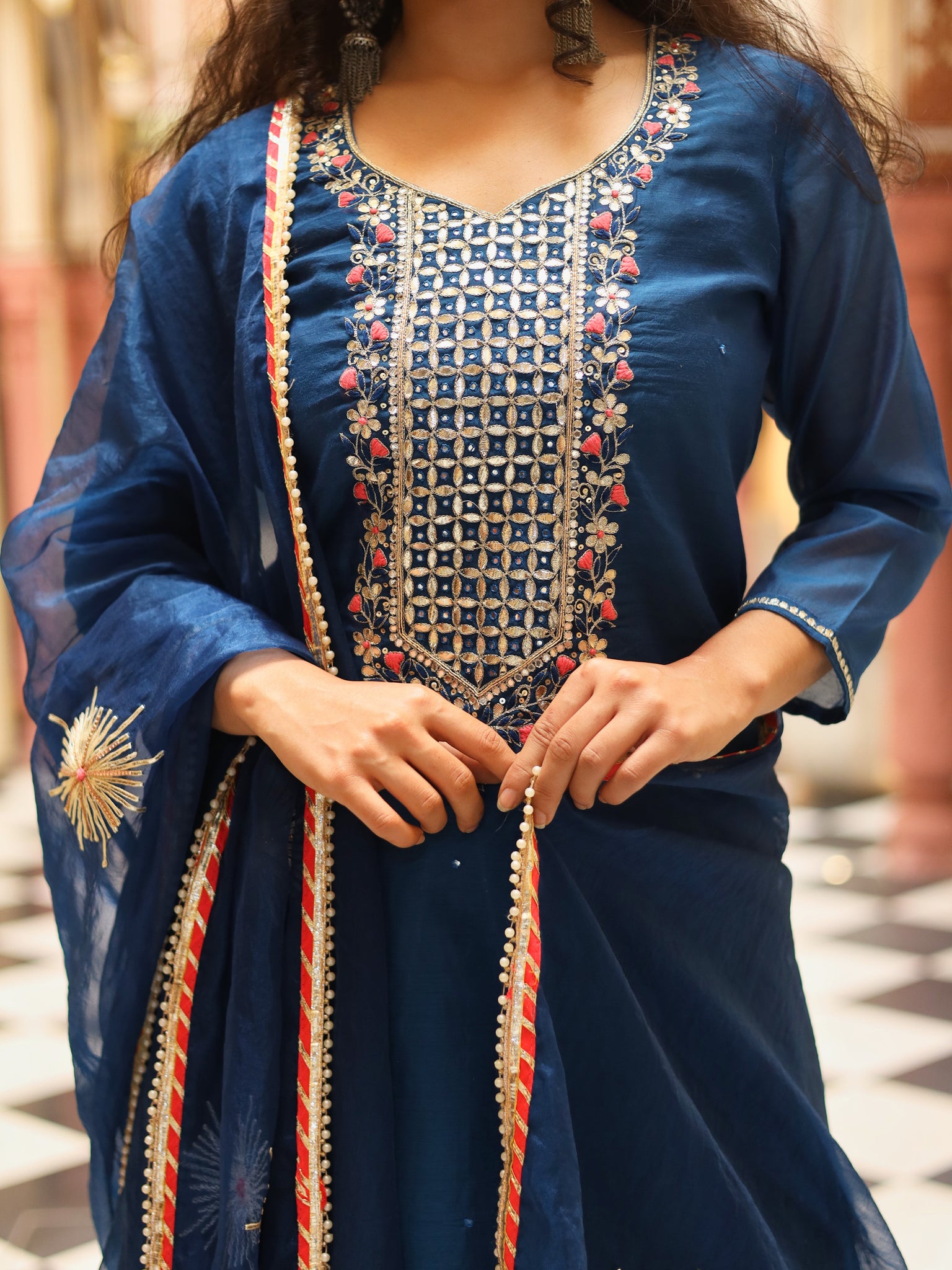 Divena Blue Solid Chenderi Kurta Skirt Set with Dupatta