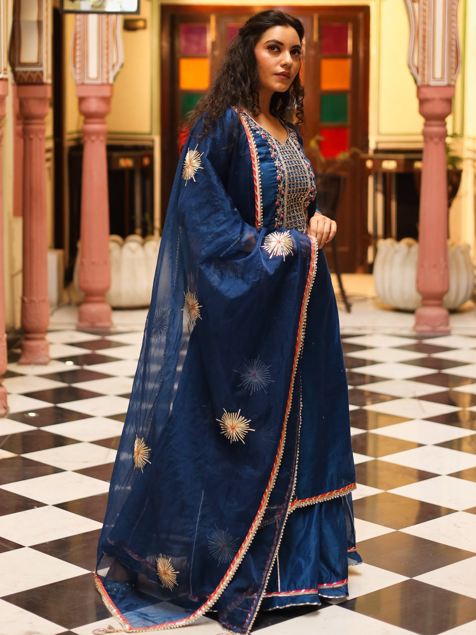 Divena Blue Solid Chenderi Kurta Skirt Set with Dupatta