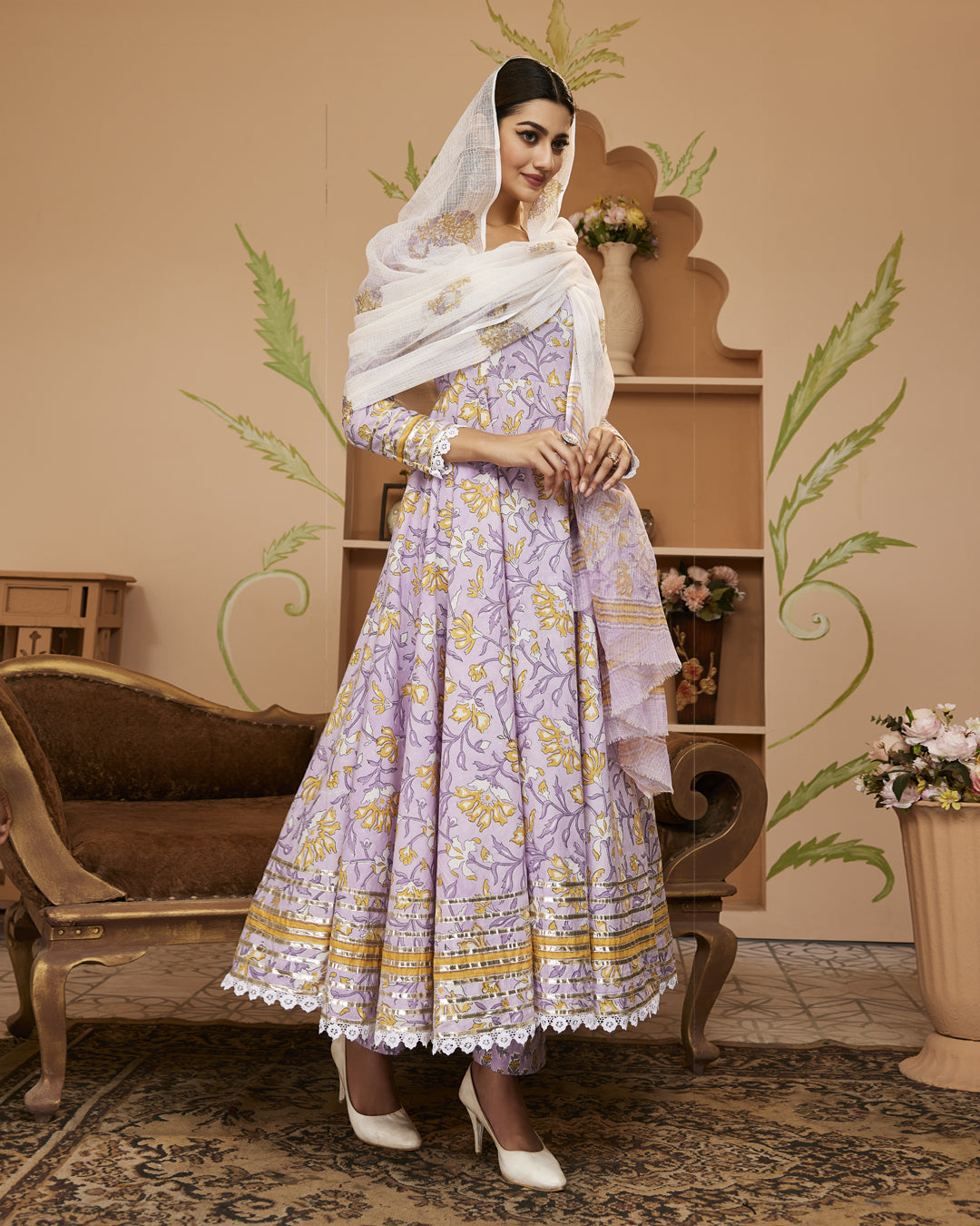 Divena Handblock Printed Lavender Anarkali Cotton Kurta With Trousers & Dupatta