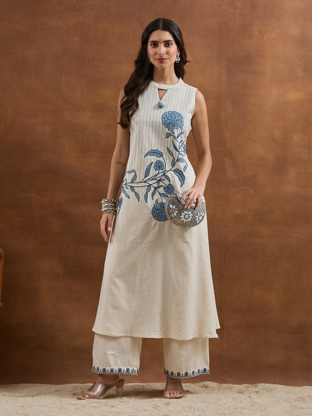 Divena Embroidered Cotton White Straight Fit Co-ords Set