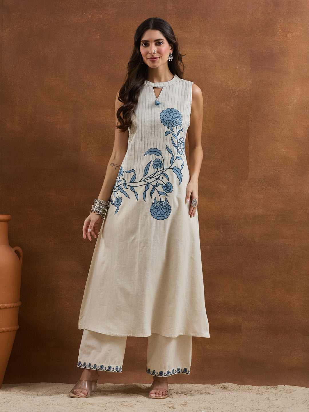 Divena Embroidered Cotton White Straight Fit Co-ords Set
