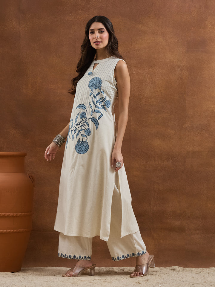 Divena Embroidered Cotton White Straight Fit Co-ords Set