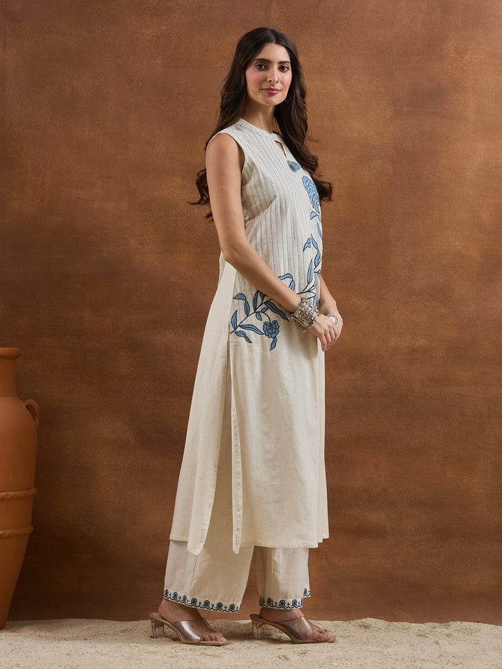 Divena Embroidered Cotton White Straight Fit Co-ords Set