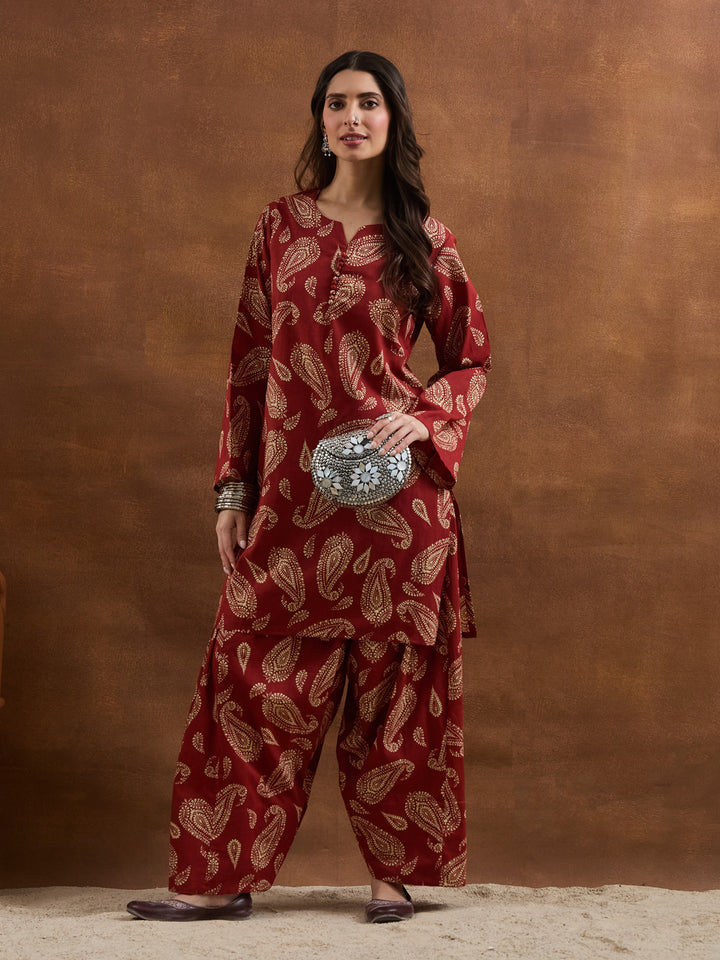 Divena Women Maroon Paisley Printed Cotton Straight Kurta with Farshi Salwar