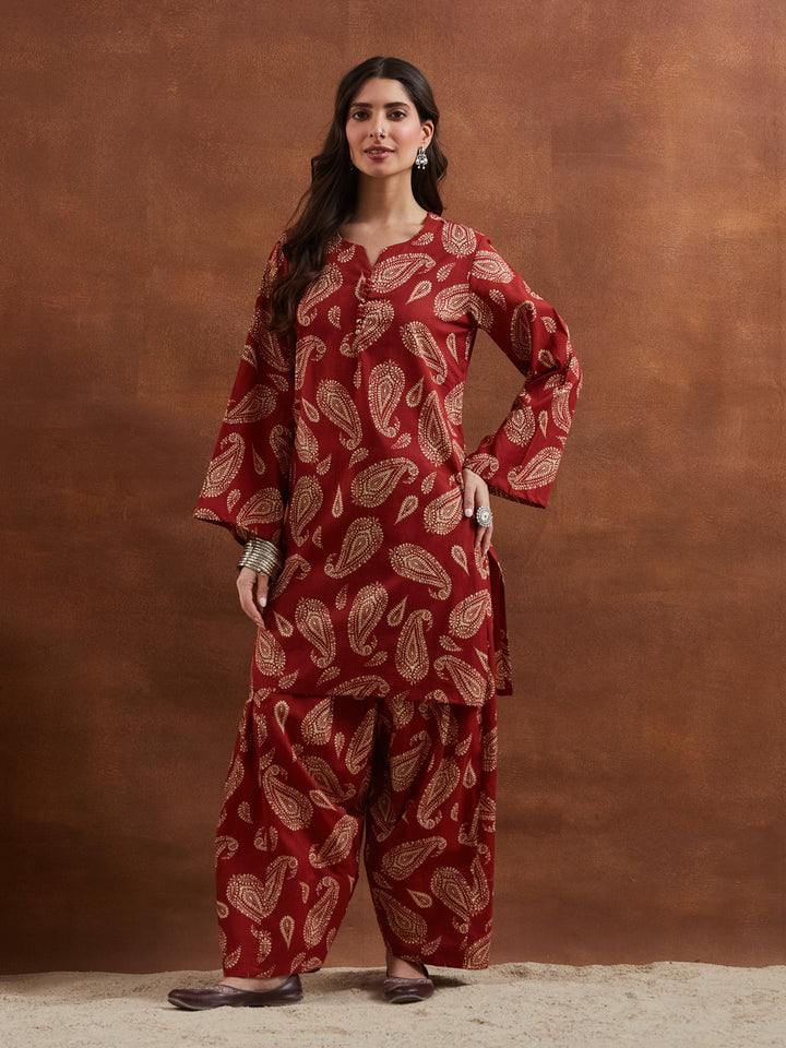 Divena Women Maroon Paisley Printed Cotton Straight Kurta with Farshi Salwar