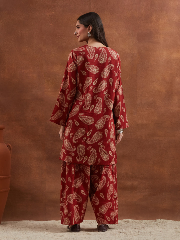 Divena Women Maroon Paisley Printed Cotton Straight Kurta with Farshi Salwar