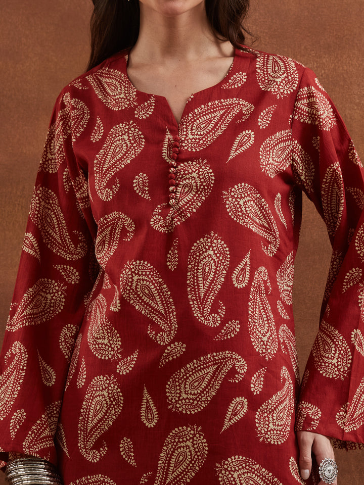 Divena Women Maroon Paisley Printed Cotton Straight Kurta with Farshi Salwar