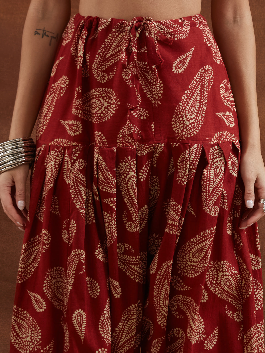 Divena Women Maroon Paisley Printed Cotton Straight Kurta with Farshi Salwar