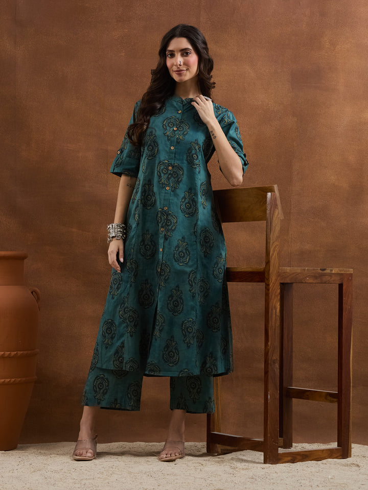 Divena Floral Printed Cotton Green A-Line  Kurta Pant Sets