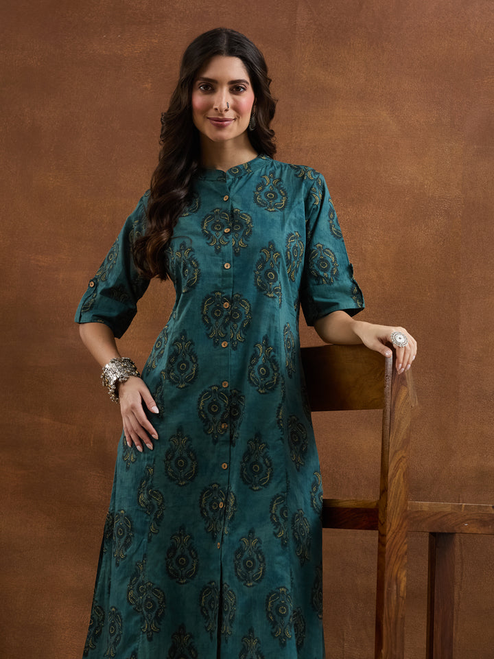Divena Floral Printed Cotton Green A-Line  Kurta Pant Sets