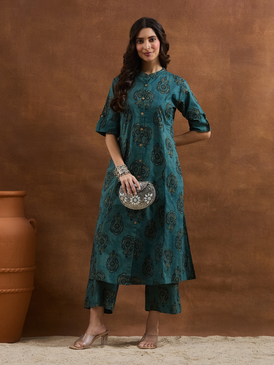 Divena Floral Printed Cotton Green A-Line  Kurta Pant Sets