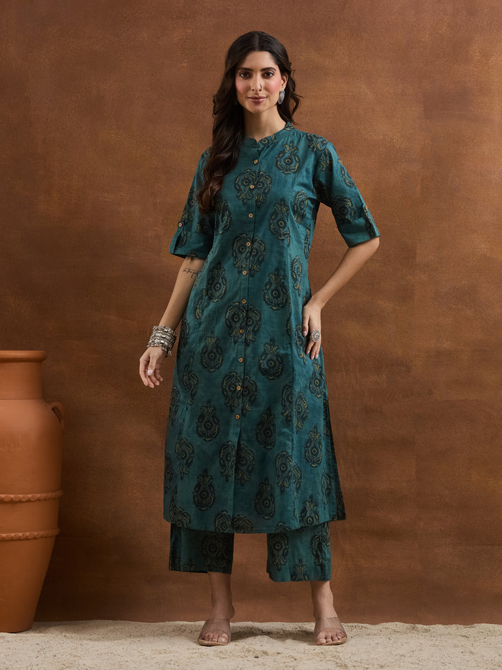 Divena Floral Printed Cotton Green A-Line  Kurta Pant Sets