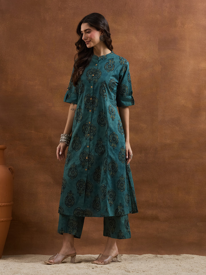 Divena Floral Printed Cotton Green A-Line  Kurta Pant Sets