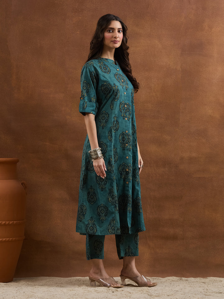 Divena Floral Printed Cotton Green A-Line  Kurta Pant Sets