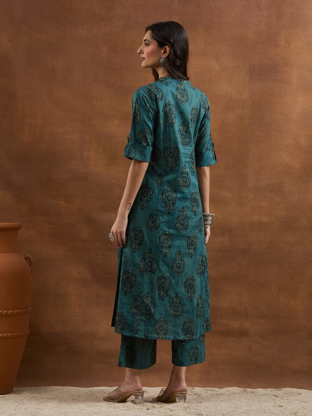 Divena Floral Printed Cotton Green A-Line  Kurta Pant Sets