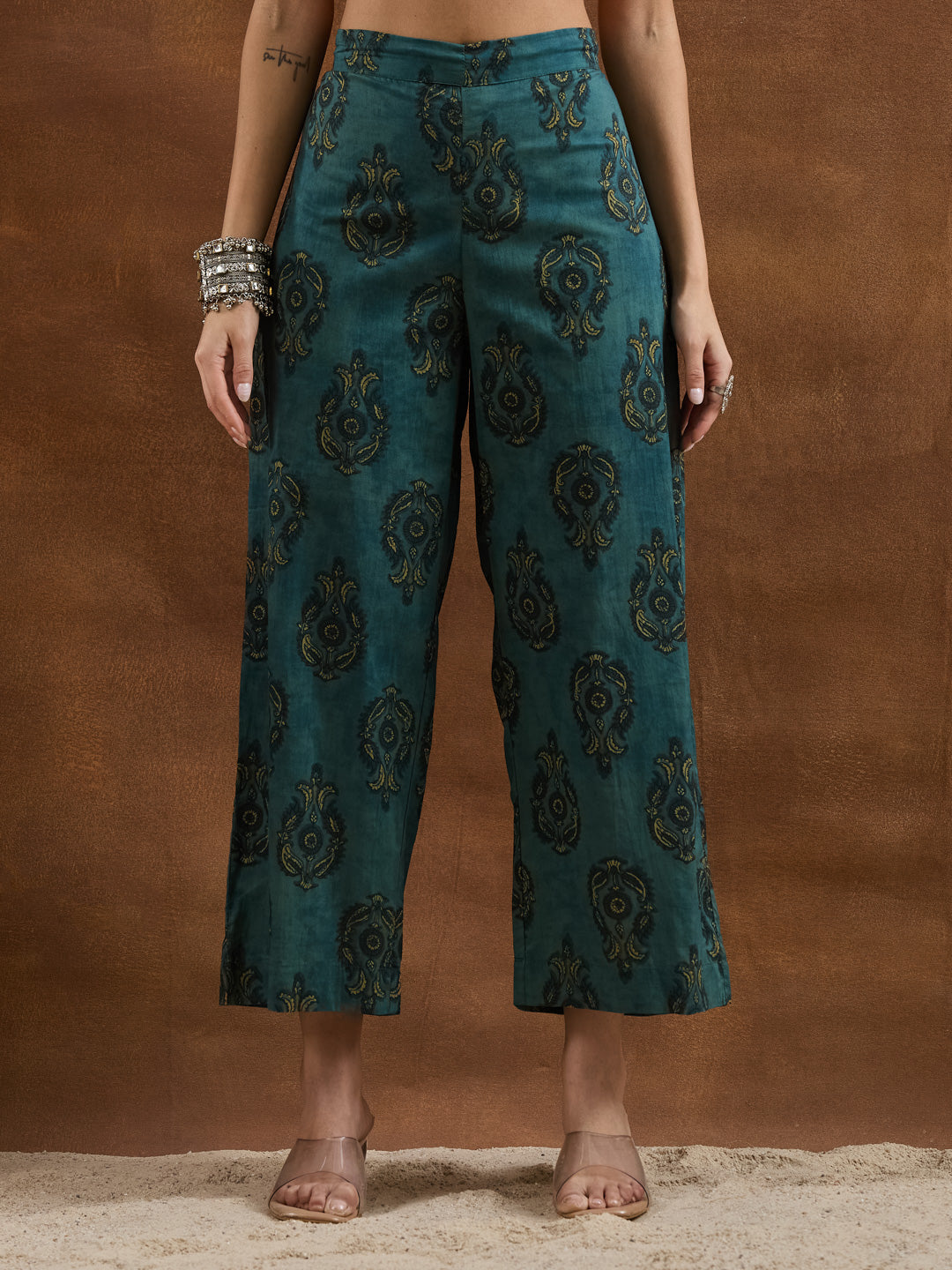 Divena Floral Printed Cotton Green A-Line  Kurta Pant Sets