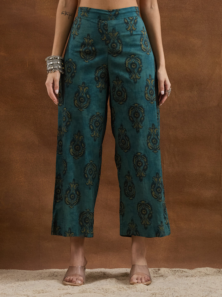 Divena Floral Printed Cotton Green A-Line  Kurta Pant Sets