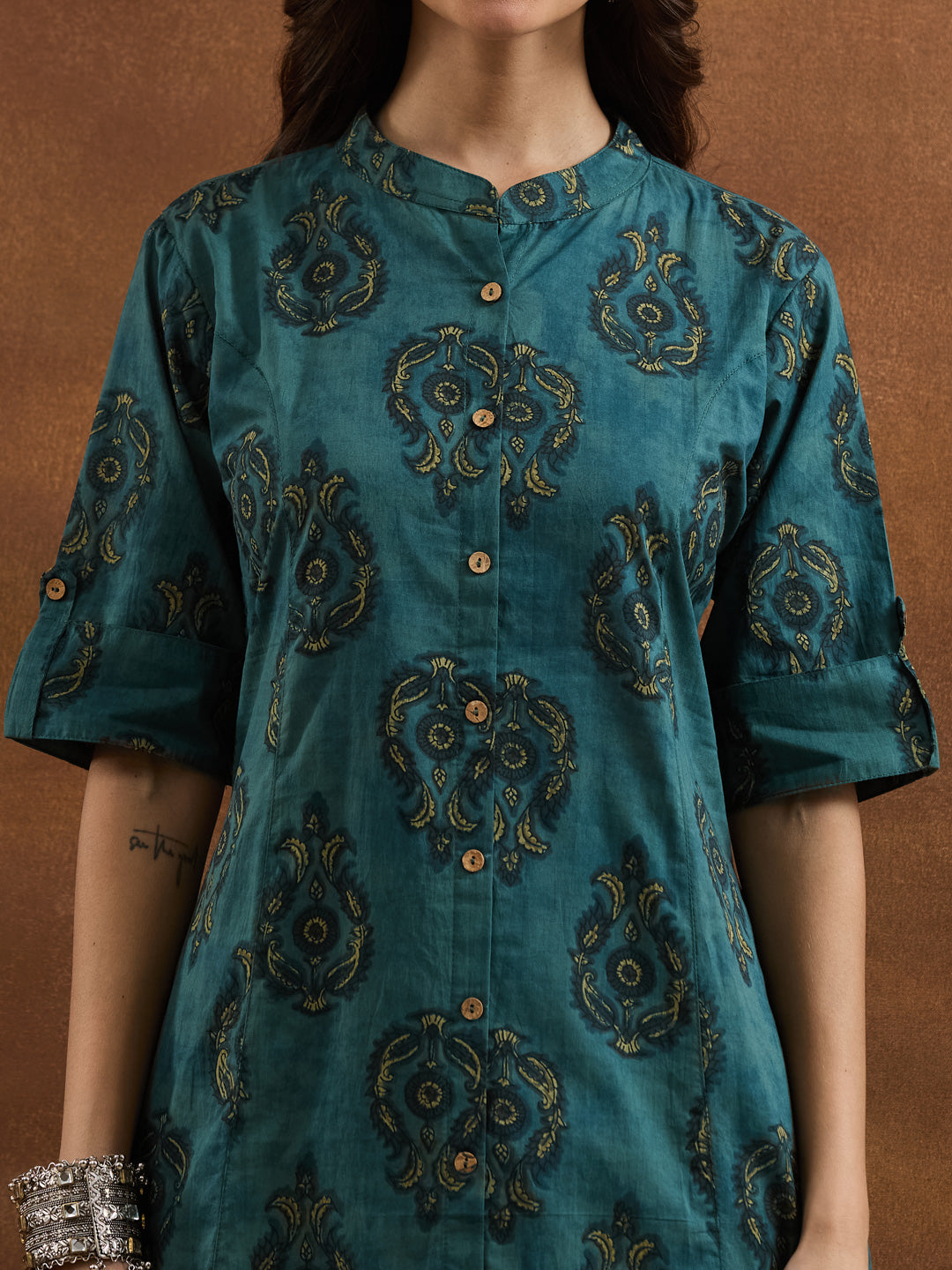 Divena Floral Printed Cotton Green A-Line  Kurta Pant Sets