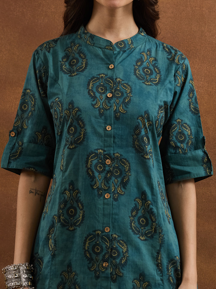 Divena Floral Printed Cotton Green A-Line  Kurta Pant Sets