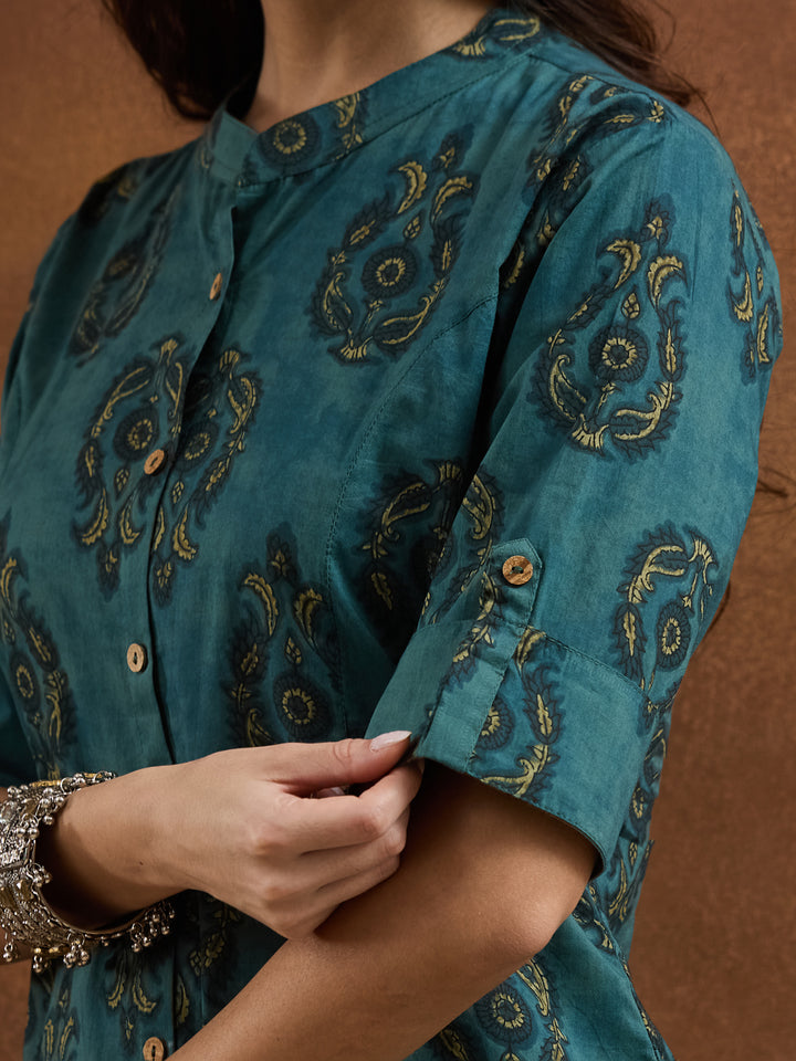 Divena Floral Printed Cotton Green A-Line  Kurta Pant Sets