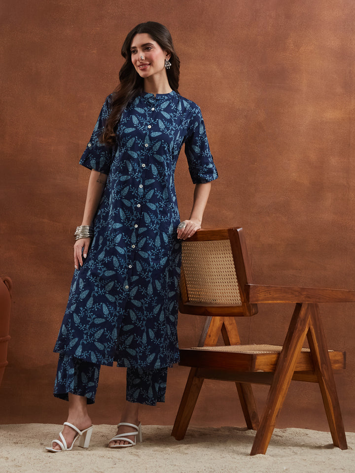 Divena Floral Printed Cotton Blue A-Line  Kurta Pant Sets
