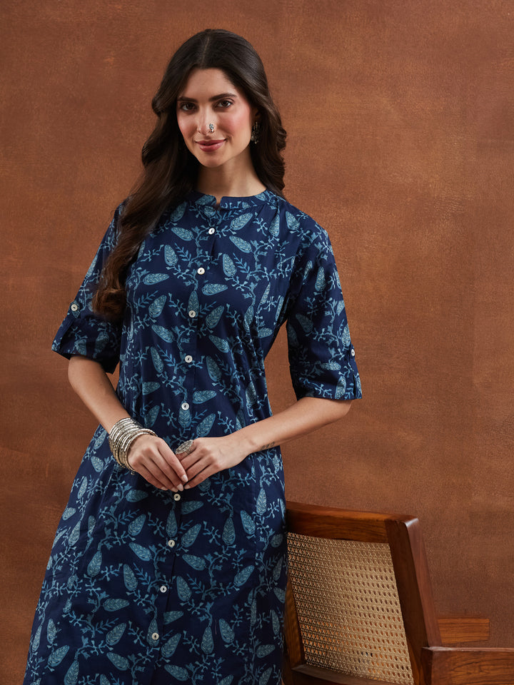 Divena Floral Printed Cotton Blue A-Line  Kurta Pant Sets