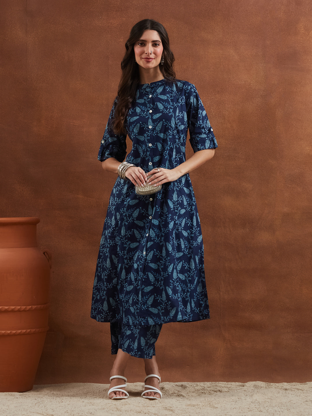 Divena Floral Printed Cotton Blue A-Line  Kurta Pant Sets
