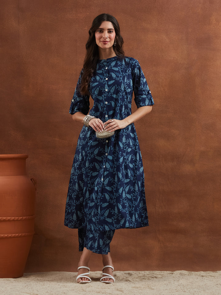 Divena Floral Printed Cotton Blue A-Line  Kurta Pant Sets