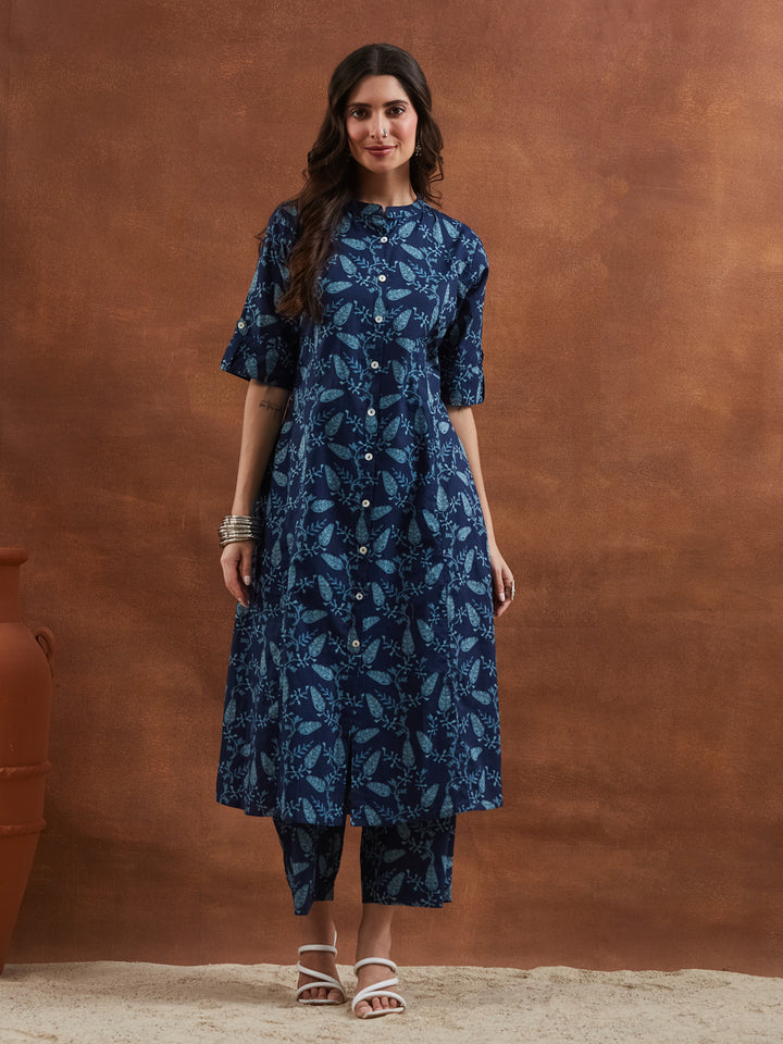Divena Floral Printed Cotton Blue A-Line  Kurta Pant Sets