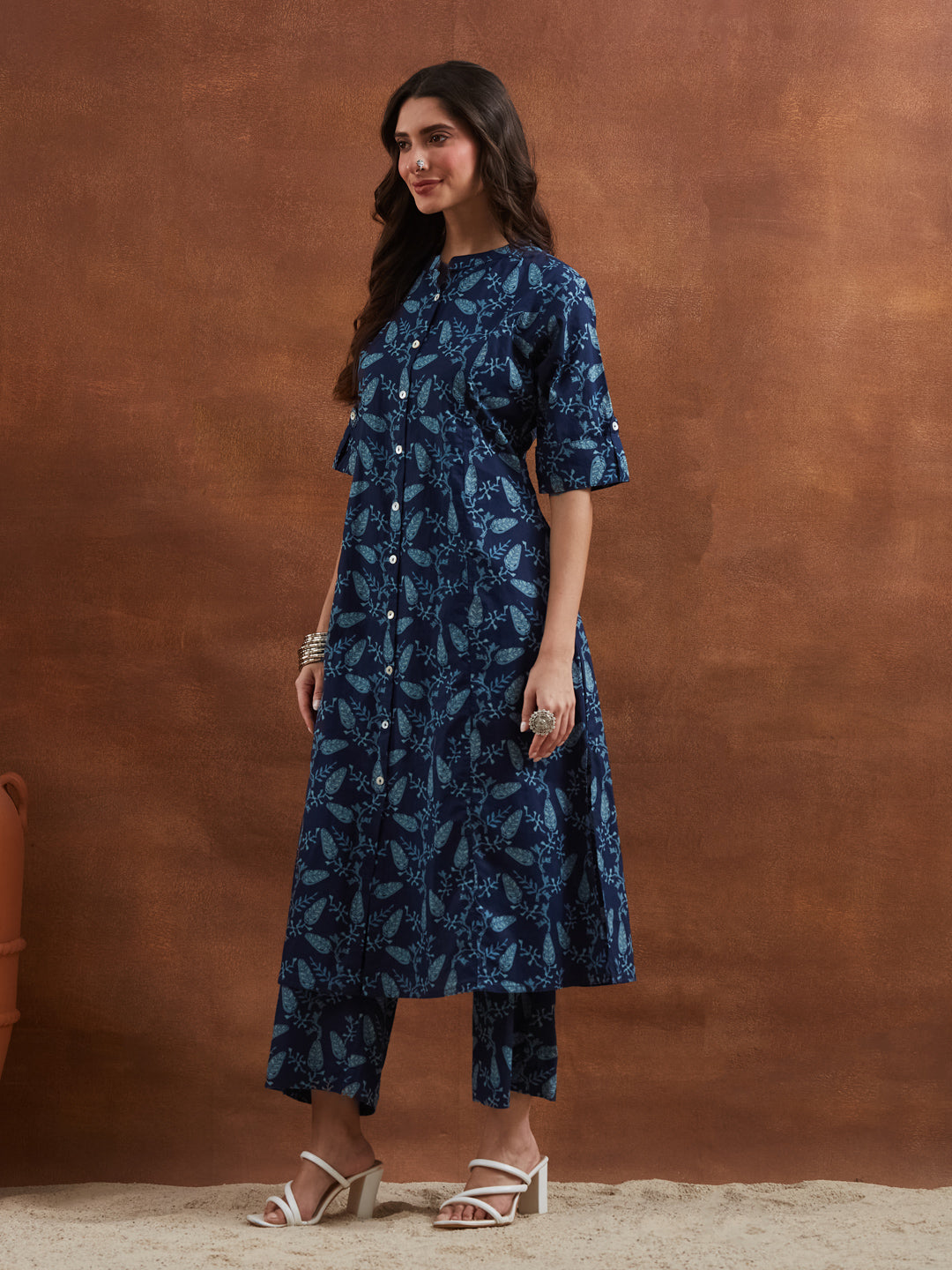 Divena Floral Printed Cotton Blue A-Line  Kurta Pant Sets