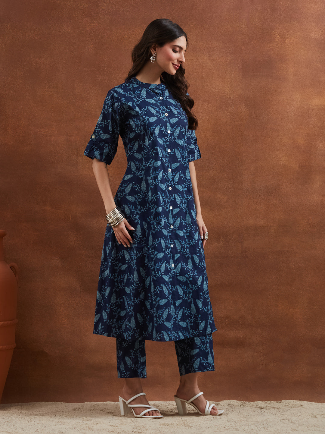 Divena Floral Printed Cotton Blue A-Line  Kurta Pant Sets