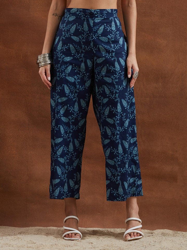 Divena Floral Printed Cotton Blue A-Line  Kurta Pant Sets