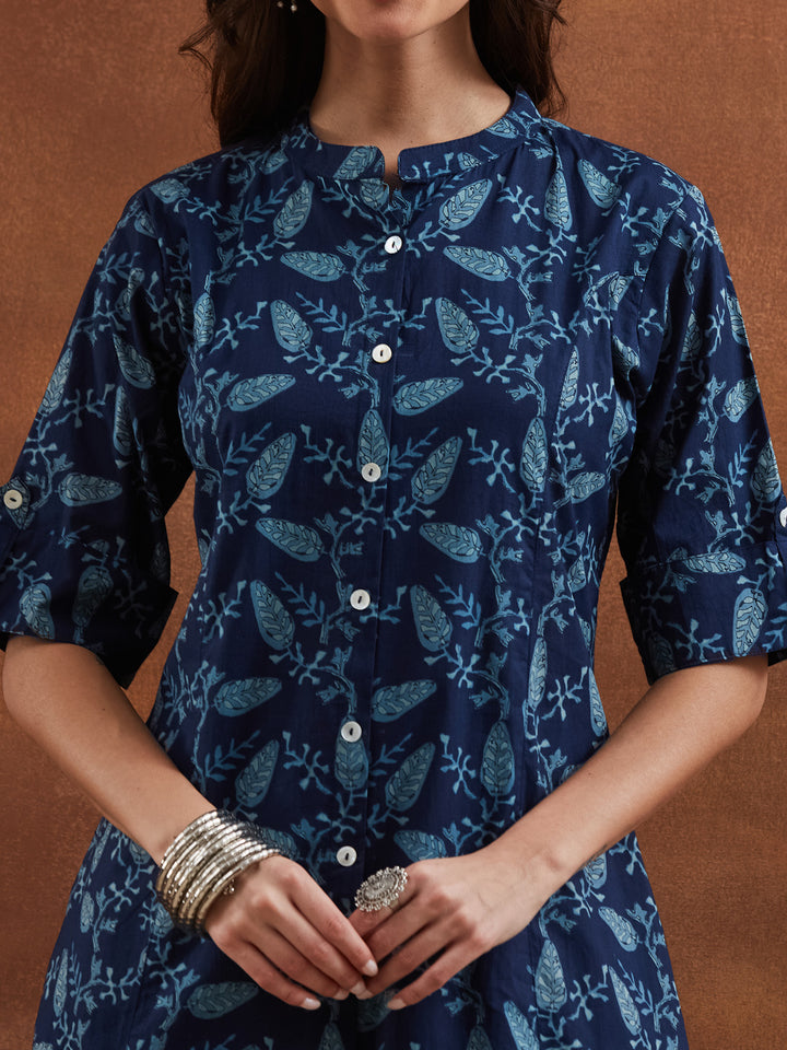 Divena Floral Printed Cotton Blue A-Line  Kurta Pant Sets