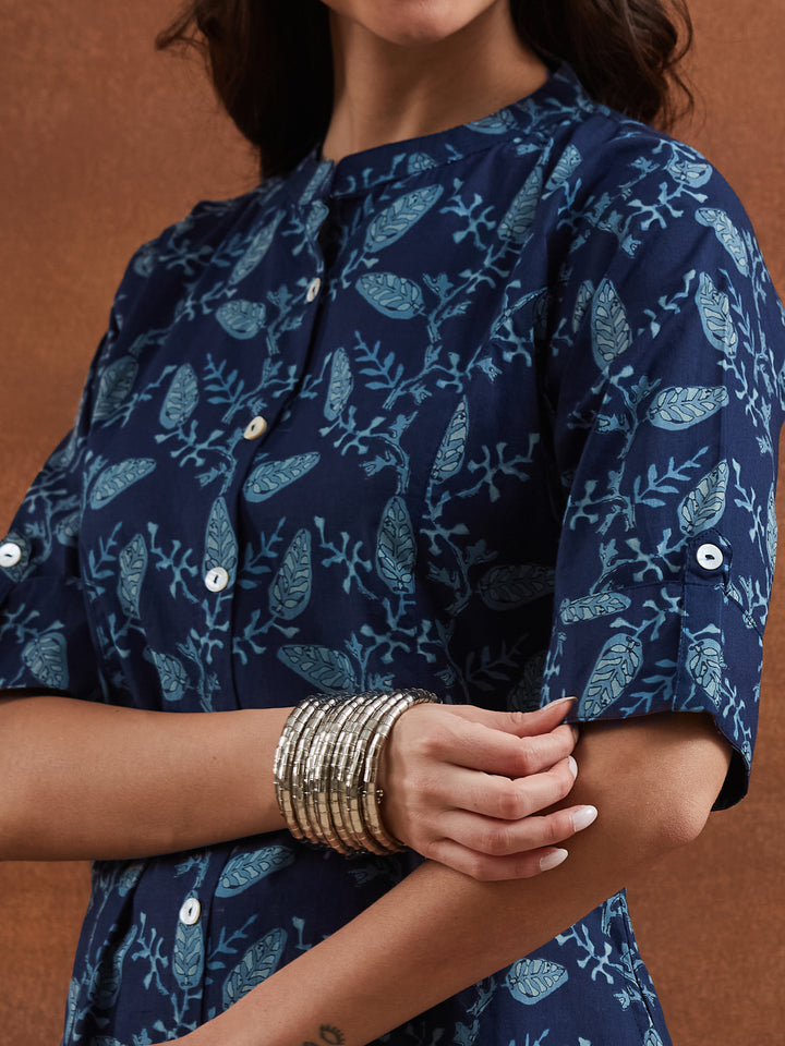 Divena Floral Printed Cotton Blue A-Line  Kurta Pant Sets