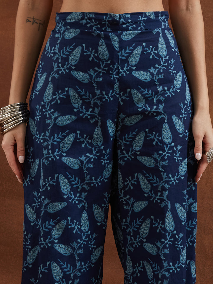 Divena Floral Printed Cotton Blue A-Line  Kurta Pant Sets