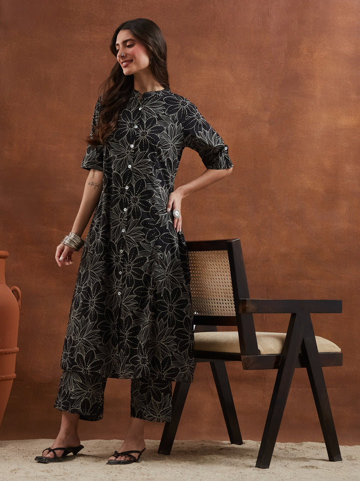 Divena Floral Printed Cotton Black A-Line  Kurta Pant Sets