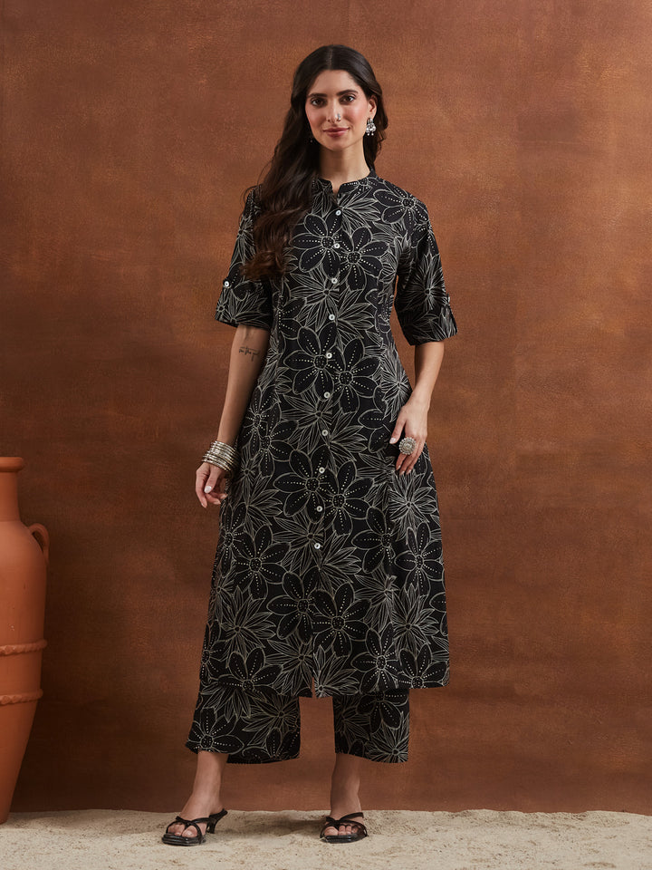 Divena Floral Printed Cotton Black A-Line  Kurta Pant Sets