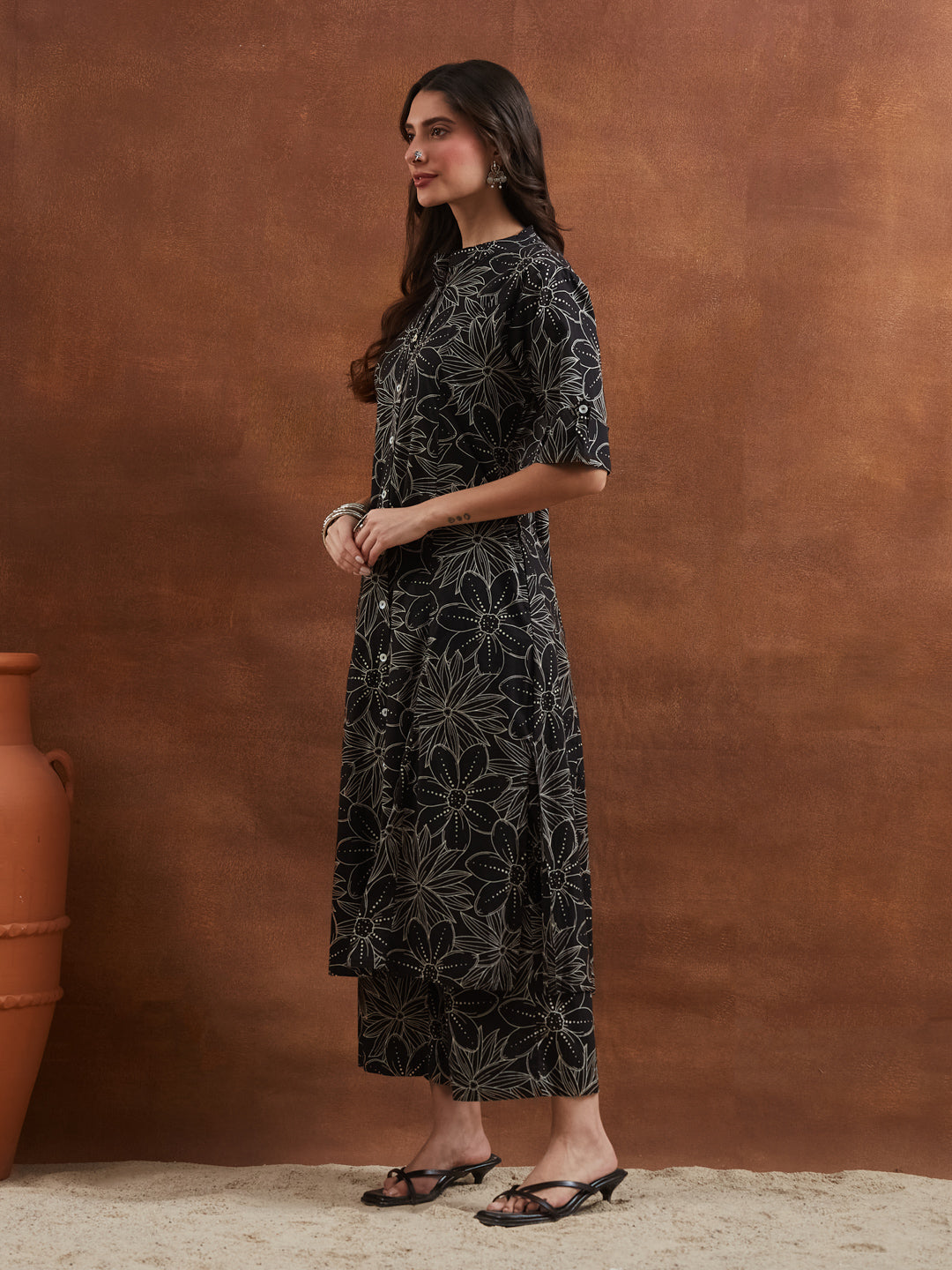 Divena Floral Printed Cotton Black A-Line  Kurta Pant Sets